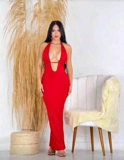 Vestido elegante vermelho decote